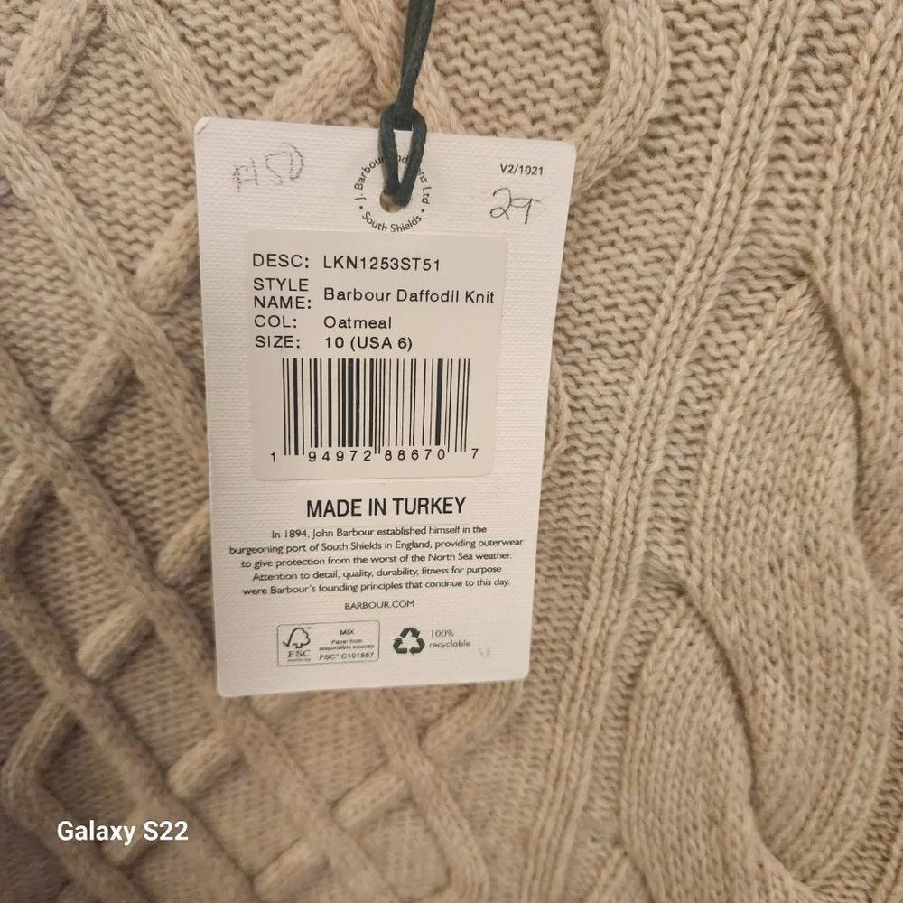 Barbour Daffodil Knit Crew Neck Sweater Oatmeal Cream Women's Size: 6 WORN 2x - Picture 4 of 9